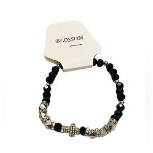 Beaded Cross Stretch Bracelet – Silver-Toned/Black Accents & Rhinestone